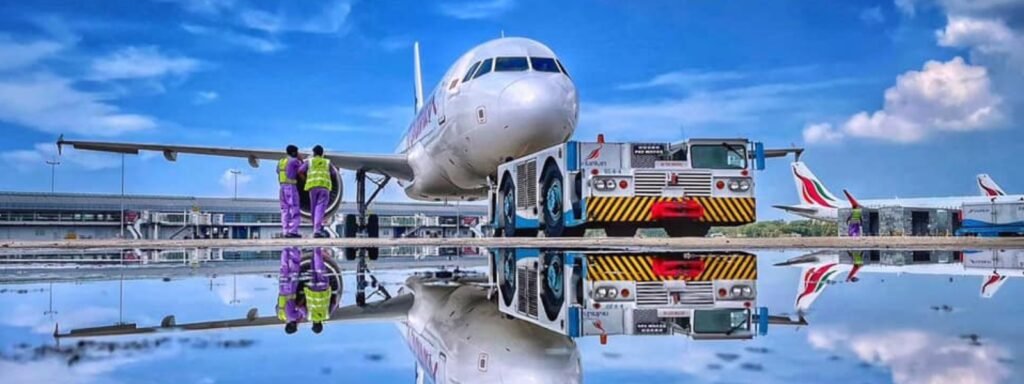 Aircraft preparing for departure at Bandaranaike International Airport, Sri Lanka.
