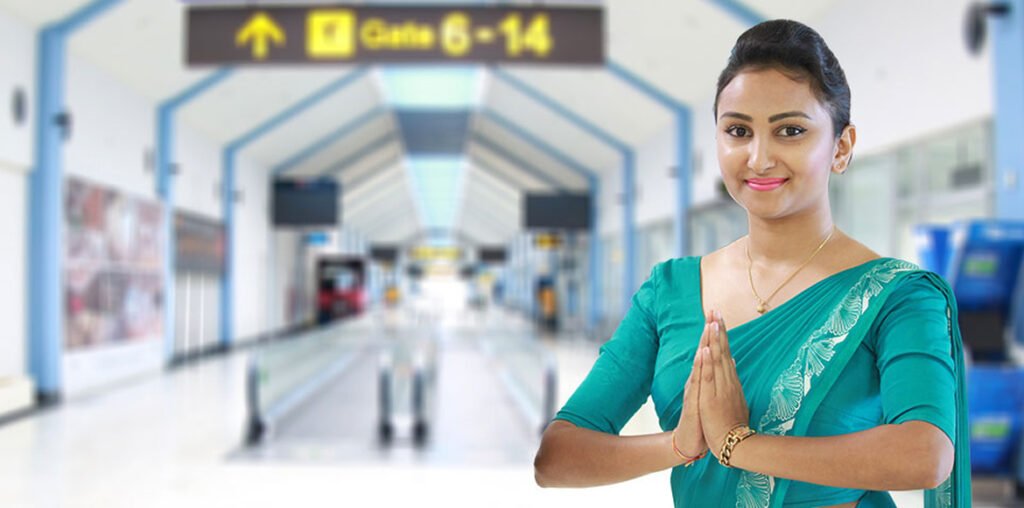 irport staff assisting travellers at the departure terminal of Bandaranaike International Airport.