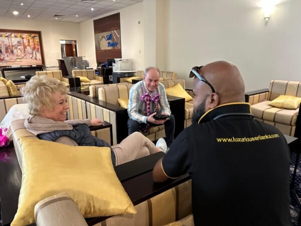 Our clients relaxing with a Luxurious Lanka representative at the Silk Route arrival lounge.