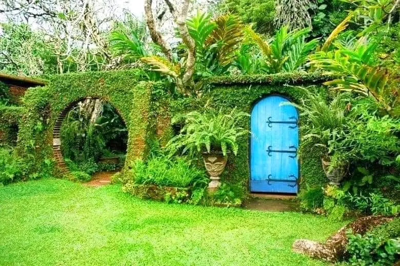 Blue garden door surrounded by lush tropical greenery at Brief Garden.
