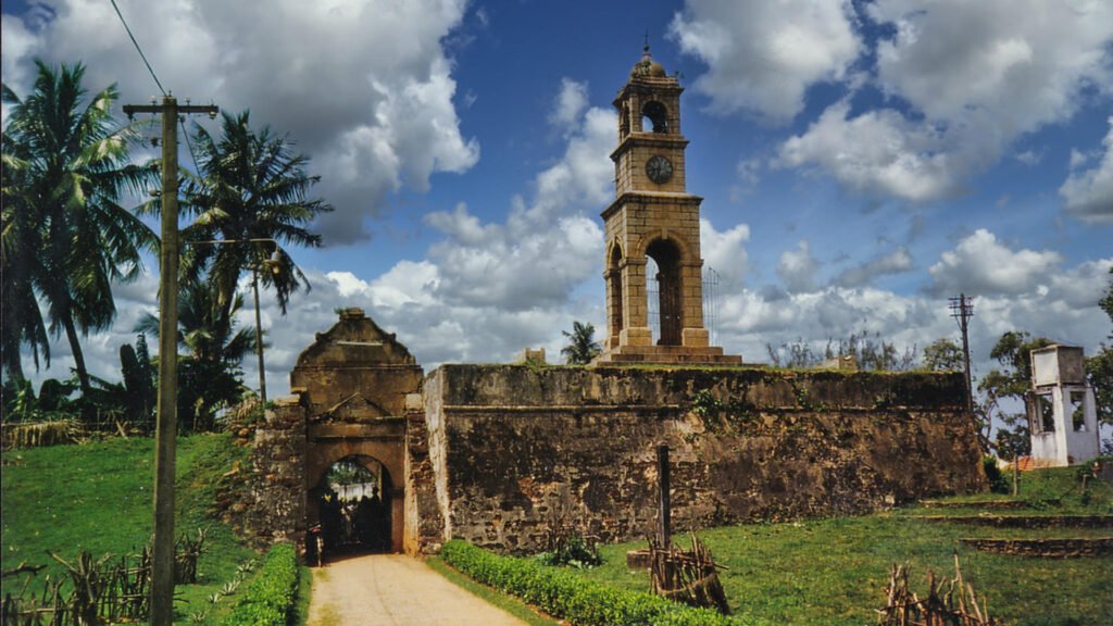 Historic Dutch Fort entrance and clock tower in Negombo, Sri Lanka.