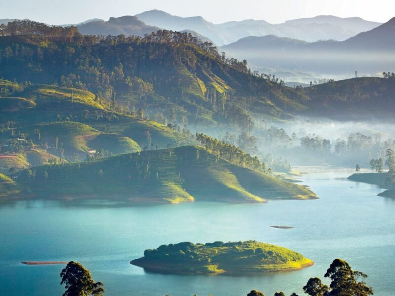 Misty tea-covered hills surrounding Castlereagh Reservoir near Hatton, Sri Lanka.