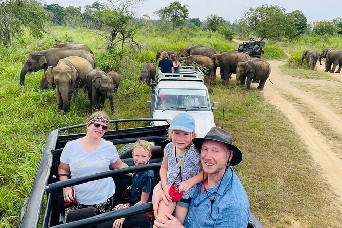 Family enjoying a jeep safari among wild elephants at Hurulu Eco Park, Sri Lanka.