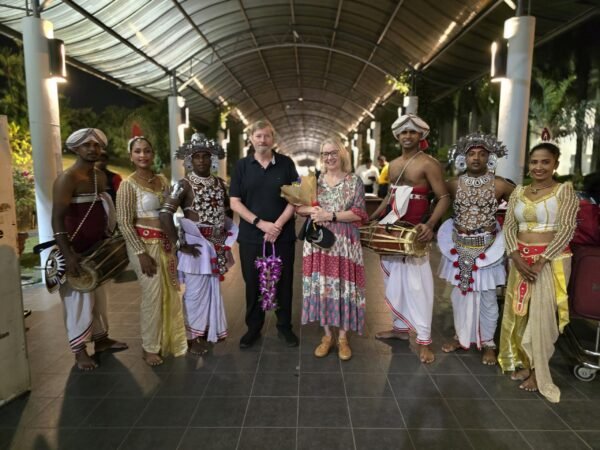 Our clients receiving a traditional Sri Lankan welcome with Kandyan dancers.