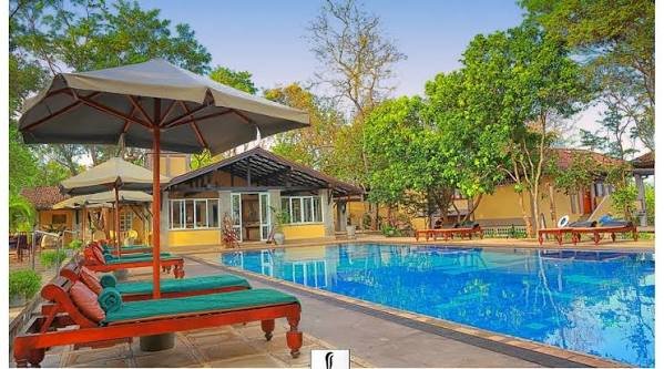 Swimming pool with sun loungers at Lake Lodge, Sri Lanka.