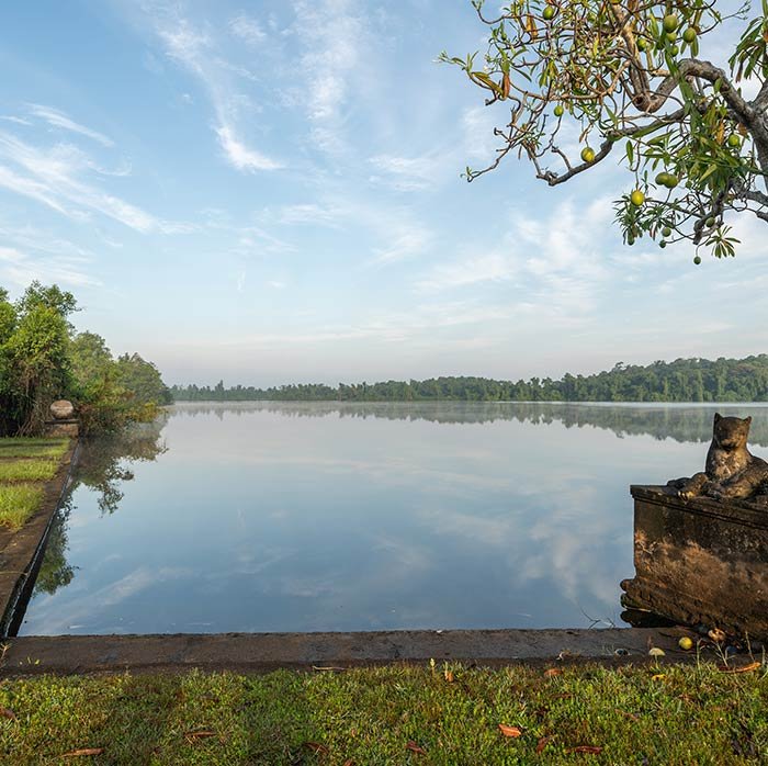 Tranquil lake and tropical gardens at Lunuganga Estate, Bentota.