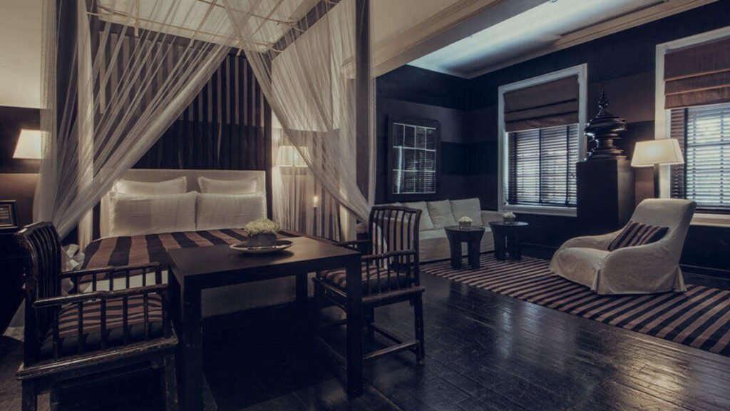 Elegant Bedroom interior at Tintagel Colombo with classic furnishings .