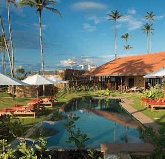 Swimming pool surrounded by tropical gardens at Cape Weligama.