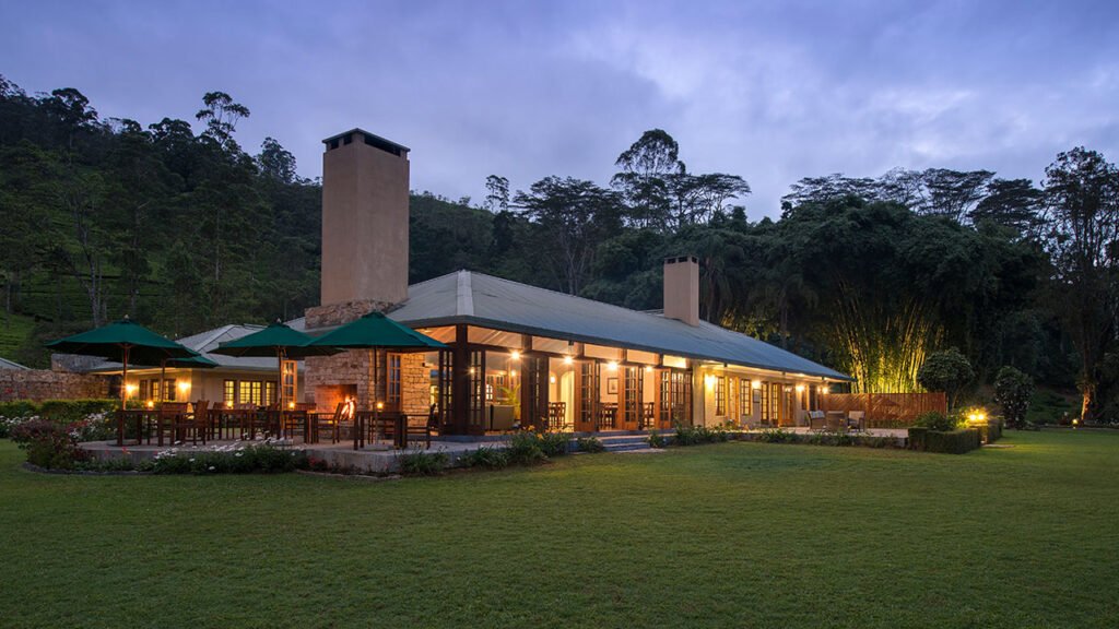 Evening view of a luxury bungalow at Ceylon Tea Trails, Sri Lanka.