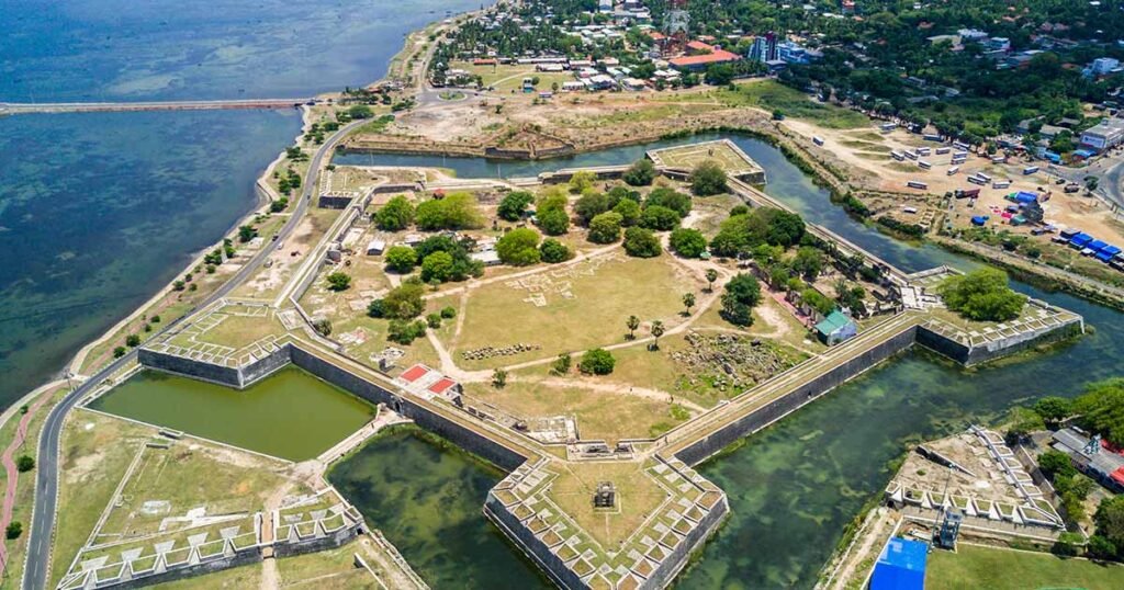 Aerial view of the historic Jaffna Fort surrounded by water in northern Sri Lanka.