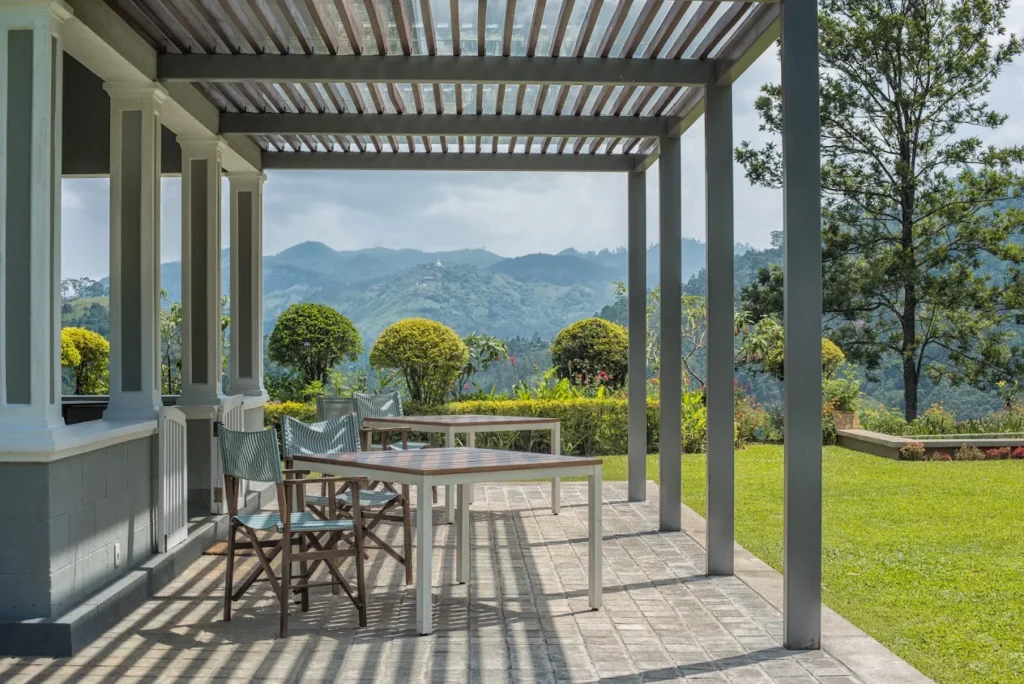 Mountain-view terrace and garden at Nine Skies, Sri Lanka.