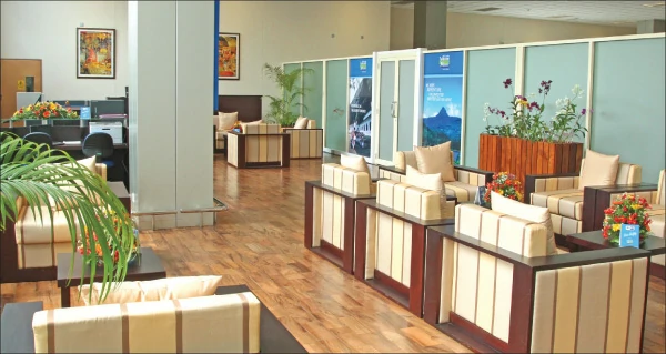 Silk Route departure lounge with comfortable seating at Bandaranaike International Airport.