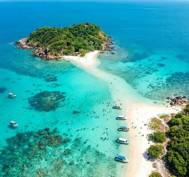 Aerial view of Pigeon Island surrounded by clear turquoise waters in Trincomalee.