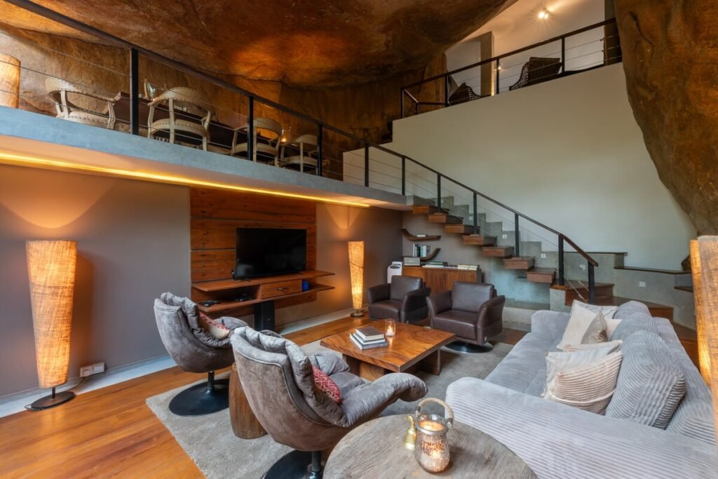 Luxury cave-inspired living room at The