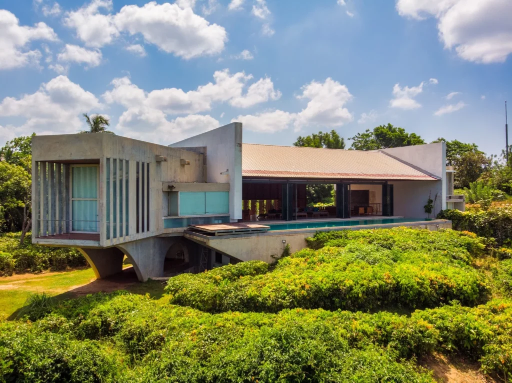Modern exterior of Villa Vista surrounded by landscaped gardens in Sri Lanka